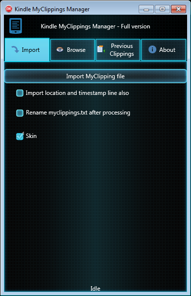 MyClippings Manager Import tab